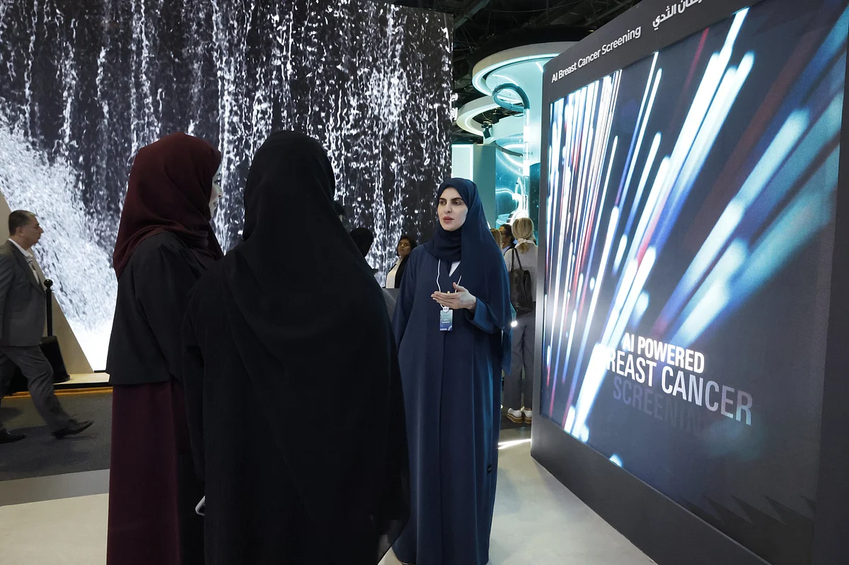 Dr Amina Al Jasmi, Director of Radiology and Consultant Radiologist at Emirates Health Services, explaining details about the screening at Arab Health in Dubai on Monday
