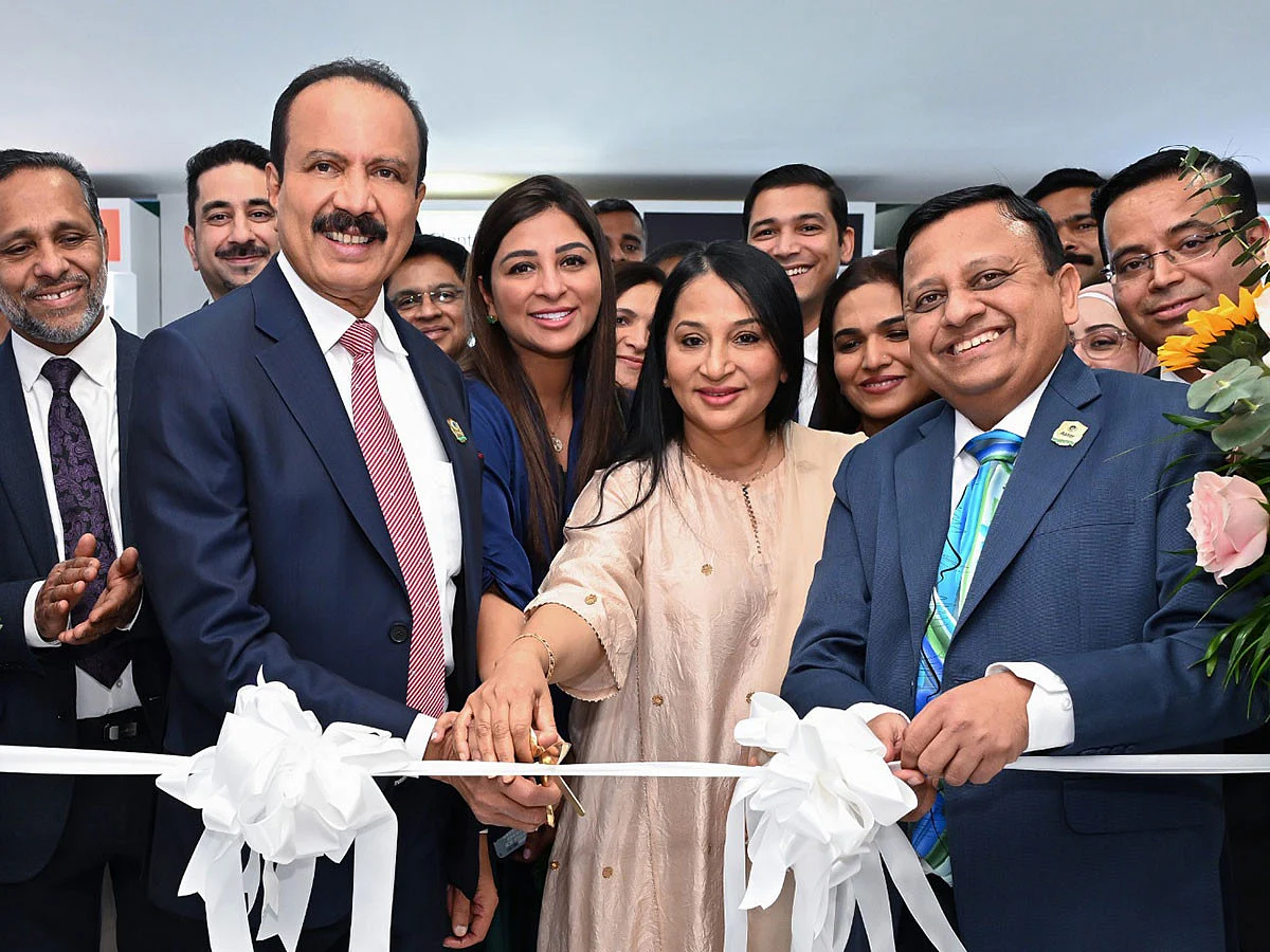 Dr Azad Moopen, founder chairman, Aster DM Healthcare; Alisha Moopen, managing director and group CEO, Aster DM Healthcare GCC; and N S Balasubramanian, CEO of Aster Retail, alongside leadership and staff from Aster DM Healthcare, inaugurating the Aster Booth at Arab Health 2025 in Dubai on Monday
