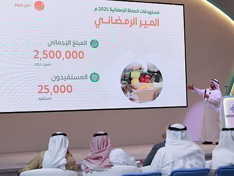 A Sharjah Charity International (SCI) official providing details of the Joud aid campaign at a press conference.