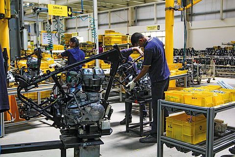 Royal Enfield motorcycle assembly plant in Oragadam, Chennai.  India’s manufacturing sector is evolving, with initiatives like Make in India and the Production-Linked Incentive (PLI) schemes driving growth. 