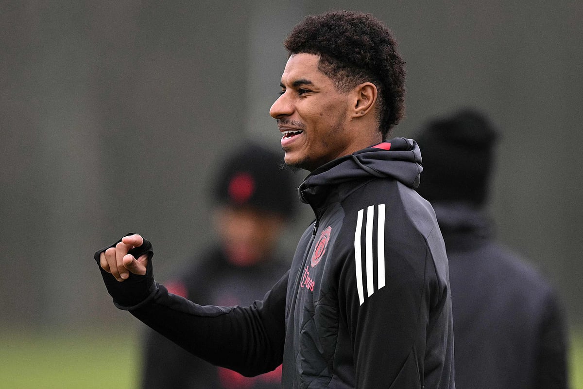 Manchester United's English striker Marcus Rashford takes part in a training session at the Carrington Training Complex in Manchester.