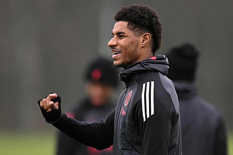 Manchester United's English striker Marcus Rashford takes part in a training session at the Carrington Training Complex in Manchester.