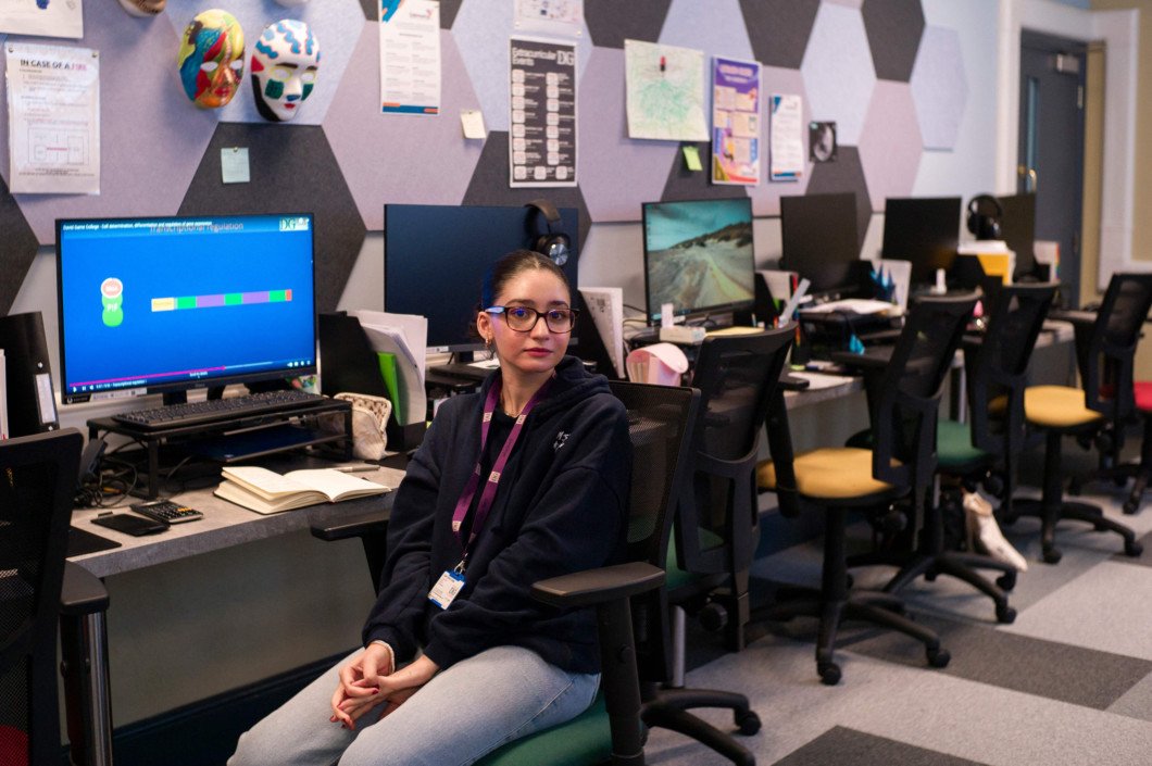 GCSE student Massa Aldalate sits at her desk in the AI-classroom at David Game College in central London on January 16, 2025. Britain