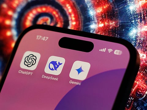 Artificial intelligence mobile app icons for ChatGPT, DeepSeek and Google Gemini.