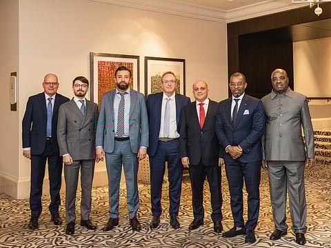 Fayçal Lalioui (third left), Founder and Chairman of SML Gold, with investors and technology partner of G.I.F.T., at a conference on the new technology platform for gold transfer