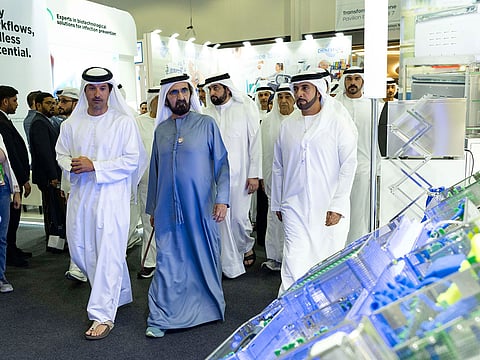 His Highness Sheikh Mohammed bin Rashid Al Maktoum, Vice President and Prime Minister of the UAE and Ruler of Dubai, at Arab Health at Dubai World Trade Centre on Wednesday