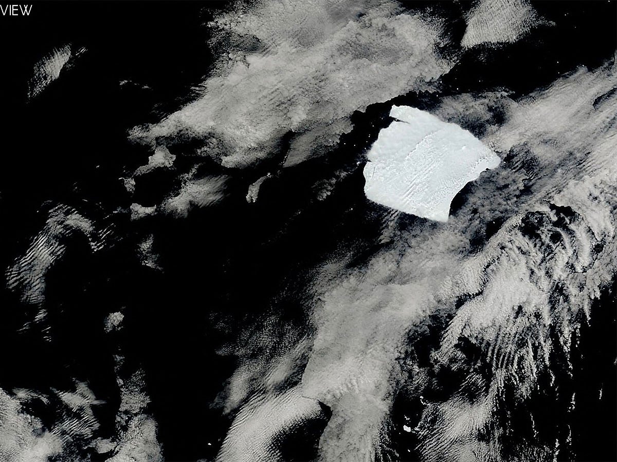 This handout satellite photograph taken by the NASA satellite between January 12, 2025 and January 31, 2025 and released by NASA on January 31, 2025, shows the A23a iceberg (CR) drifting toward South Georgia Islands, in the Southern Ocean. 