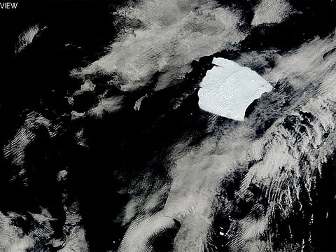 This handout satellite photograph taken by the NASA satellite between January 12, 2025 and January 31, 2025 and released by NASA on January 31, 2025, shows the A23a iceberg (CR) drifting toward South Georgia Islands, in the Southern Ocean. 