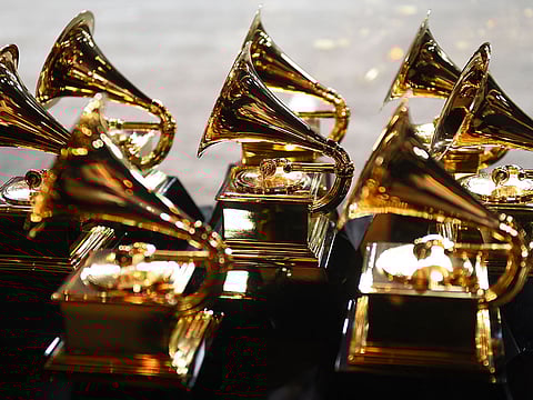 Grammy Award trophies sit in the press room.