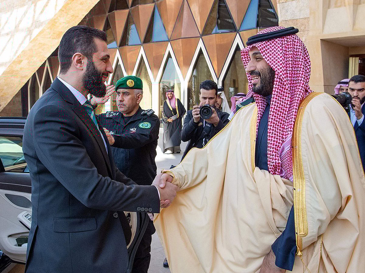 Saudi Crown Prince Mohammed bin Salman receiving Syria’s interim president Ahmed Al Sharaa in Riyadh on February 2, 2025.