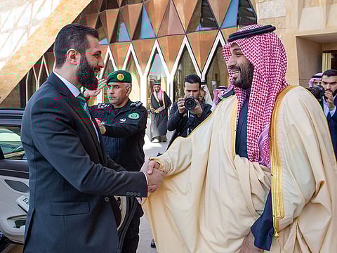 Saudi Crown Prince Mohammed bin Salman receiving Syria’s interim president Ahmed Al Sharaa in Riyadh on February 2, 2025.