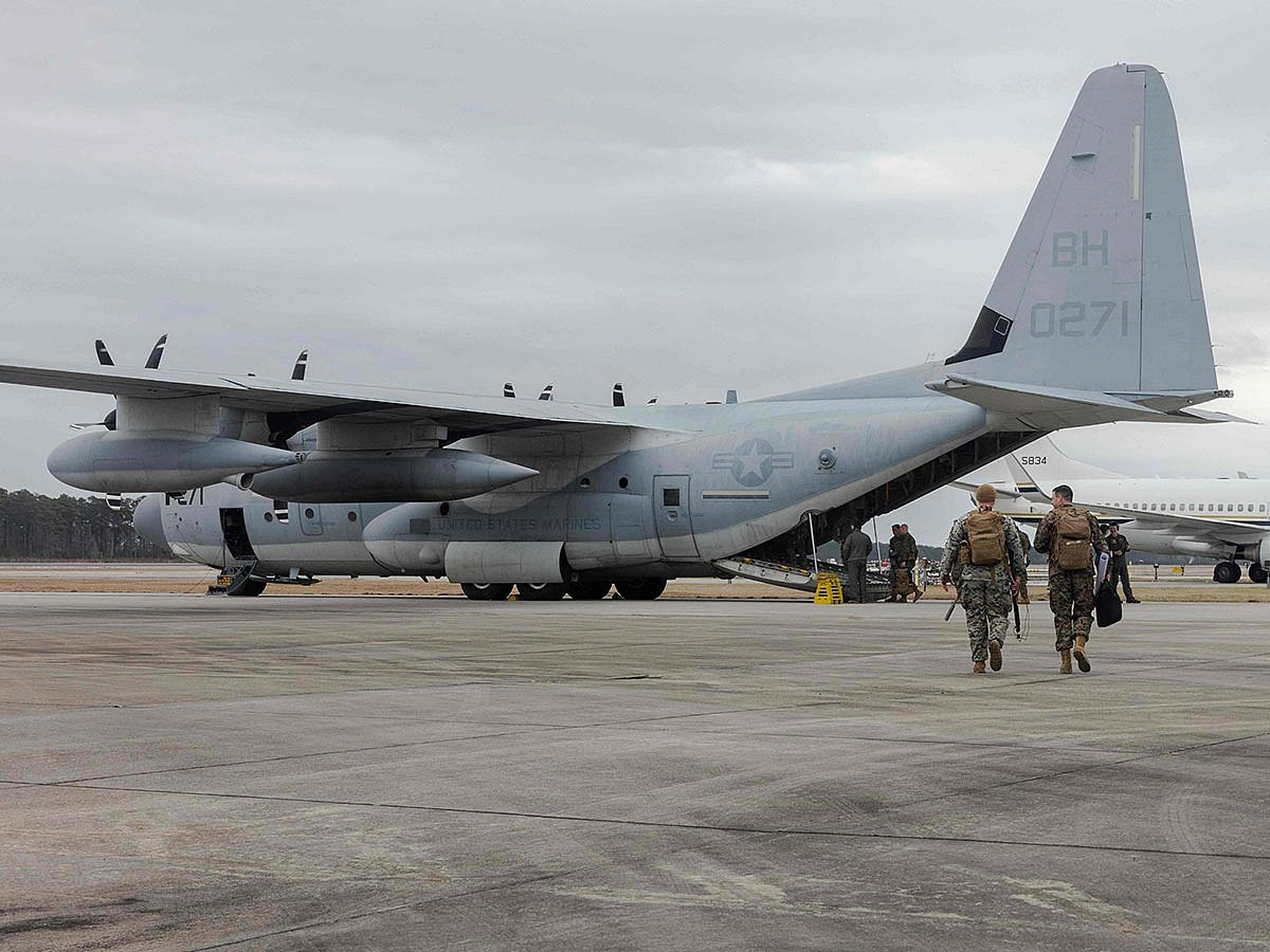 US Marines boarding a KC-130J Super Hercules at Marine Corps Air Station Cherry Point, North Carolina, on February 2, 2025, as they deploy to Naval Station Guantanamo Bay in Cuba to support Migrant Holding Operations.   