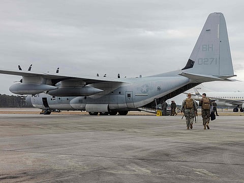 US Marines boarding a KC-130J Super Hercules at Marine Corps Air Station Cherry Point, North Carolina, on February 2, 2025, as they deploy to Naval Station Guantanamo Bay in Cuba to support Migrant Holding Operations.   