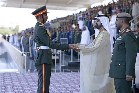 Sheikh Mohammed bin Rashid Al Maktoum, during the graduation ceremony of the 49th cohort of cadet officers of the Zayed II Military College in Al Ain. 