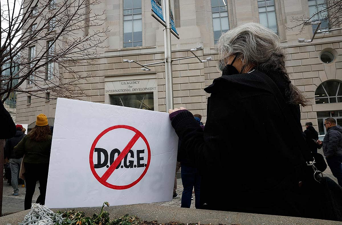 Employees and supporters protest outside of the US Agency for International Development (USAID) headquarters on February 03, 2025 in Washington, DC.