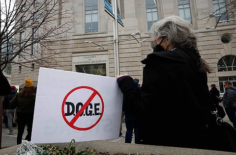 Employees and supporters protest outside of the US Agency for International Development (USAID) headquarters on February 03, 2025 in Washington, DC.