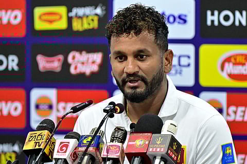 Sri Lanka's Dimuth Karunaratne attends a press conference in Galle on Wednesday on the eve of their second Test cricket match against Australia.