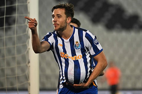 FC Porto's Spanish midfielder Nico Gonzalez reacts after scoring a goal during the Uefa Europa League match  against Maccabi Tel Aviv  at the Partizan stadium in Belgrade on January 30.