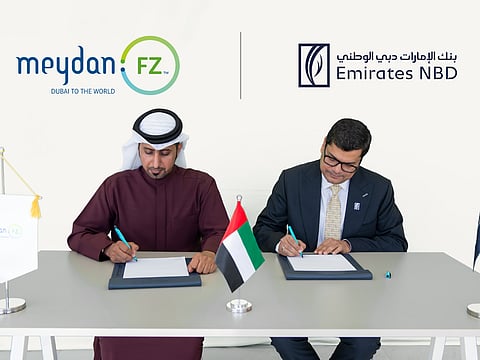 Mohammed bin Humaidan, Director of Leasing and Licensing at Meydan Free Zone, with Rohit Garg, Group Head of Business Banking, Emirates NBD