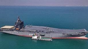 The first Iranian drone carrier, called the Martyr Bahman Bagheri, during an unveiling ceremony in the Gulf off the coast of southern Iran.  