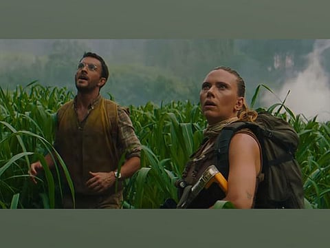 Jonathan Bailey, Scarlett Johansson in a still from ‘Jurassic World: Rebirth’ 