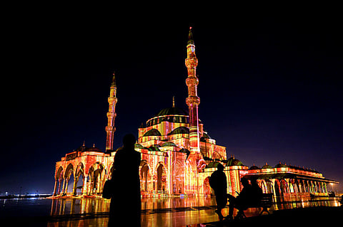 Sharjah mosque on the opening night of the light festival. The festival brings a kaleidoscope of creative lights and colour to Sharjah’s architecture.