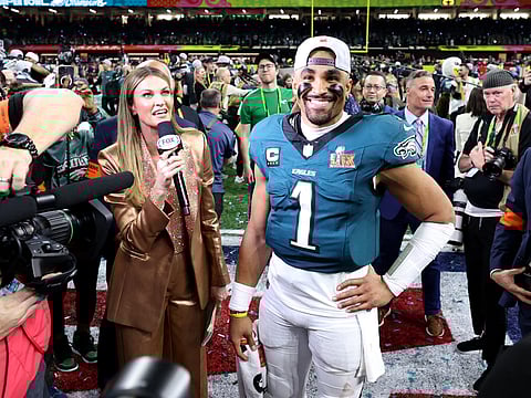 Jalen Hurts of the Philadelphia Eagles is interviewed by FOX Sports reporter, Erin Andrews, after Philadelphia beat the Kansas City Chiefs 40-22 to win Super Bowl LIX at Caesars Superdome on February 09, 2025 in New Orleans, Louisiana.