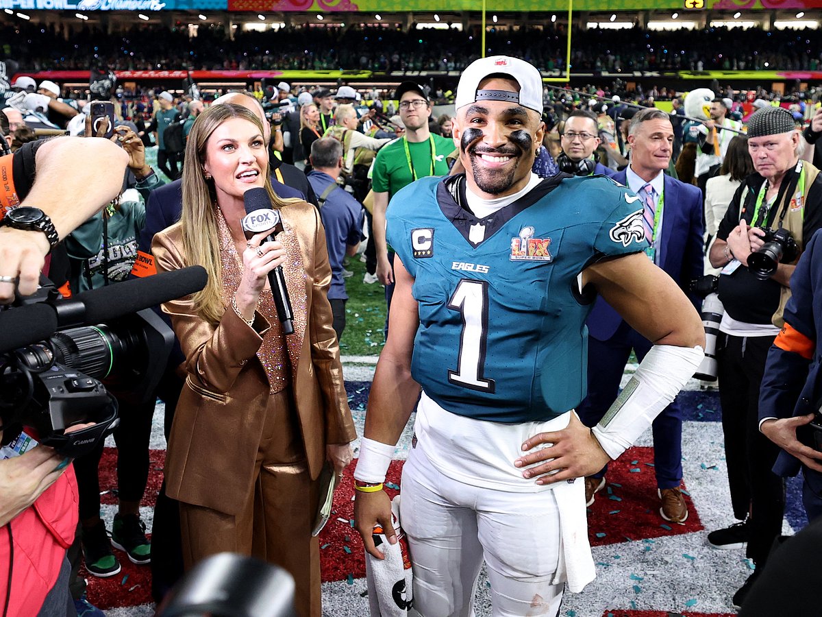 Jalen Hurts of the Philadelphia Eagles is interviewed by FOX Sports reporter, Erin Andrews, after Philadelphia beat the Kansas City Chiefs 40-22 to win Super Bowl LIX at Caesars Superdome on February 09, 2025 in New Orleans, Louisiana.