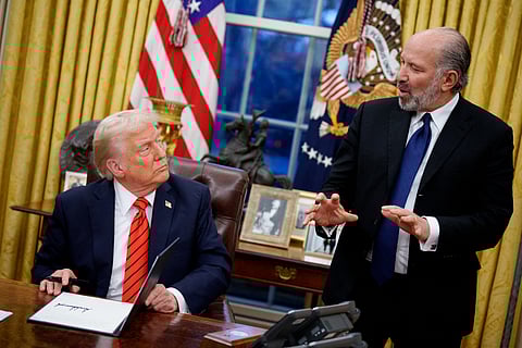 US Commerce Secretary nominee Howard Lutnick speaks as US President Donald Trump signs a series of executive orders including 25% tariffs on steel and aluminum, a pardon for former Illinois Governor.