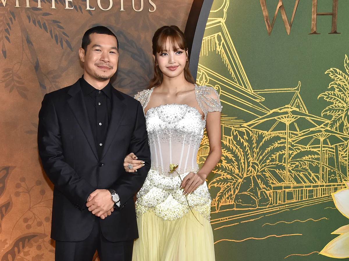 English actor Tayme Thapthimthong (L) and Thai singer and actress Lalisa Manobal, known as Lisa, member of the K-pop group Blackpink, attend the season three premiere of HBO's "The White Lotus" at Paramount Studios in Los Angeles on February 10, 2025.