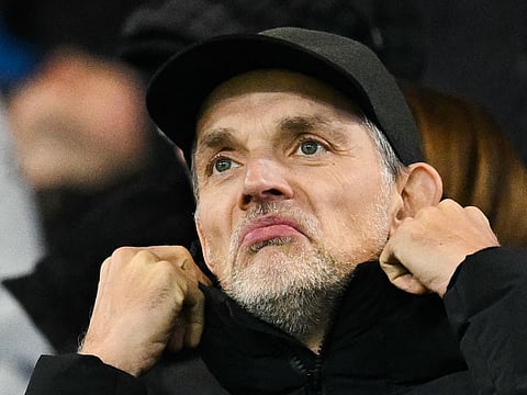 England's German head coach Thomas Tuchel reacts during the UEFA Champions League football match between Manchester City and Real Madrid at the Etihad Stadium in Manchester, north west England, on February 11, 2025.