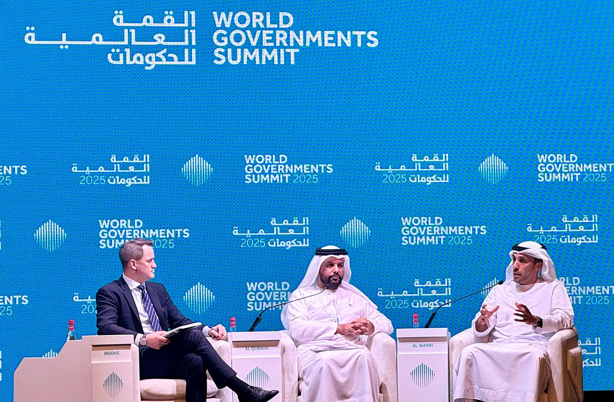 Salem Humaid Al Marri (right) and Salem Butti Al Qubaisi (centre) during the session moderated by Graham Brookie, Vice President for Technology and Strategy, Atlantic Council (left) at WGS 2025 in Dubai on Wednesday