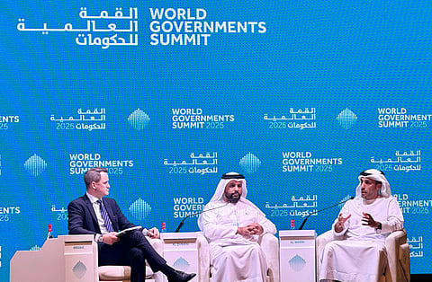 Salem Humaid Al Marri (right) and Salem Butti Al Qubaisi (centre) during the session moderated by Graham Brookie, Vice President for Technology and Strategy, Atlantic Council (left) at WGS 2025 in Dubai on Wednesday