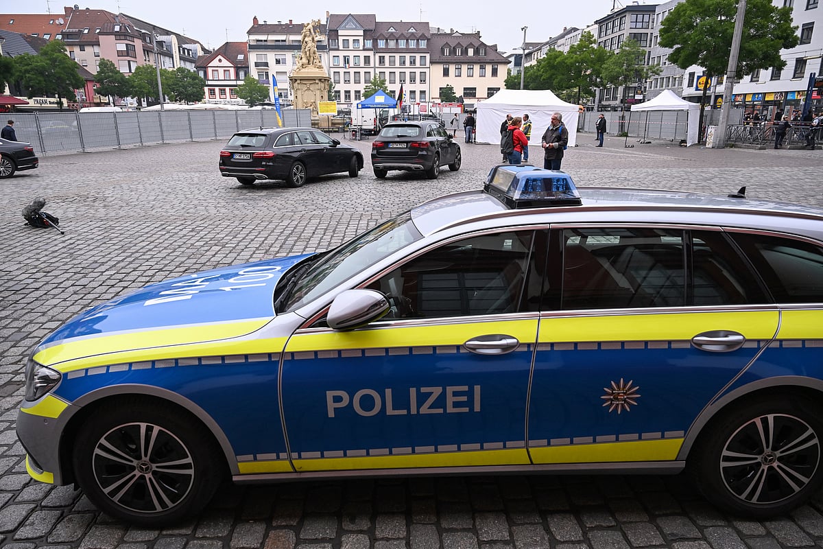 A police car is parked in Mannheim, western Germany.