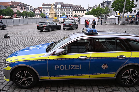 A police car is parked in Mannheim, western Germany.
