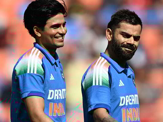 India’s Virat Kohli (right) and Shubman Gill share a laugh during the third ODI in Ahmedabad.