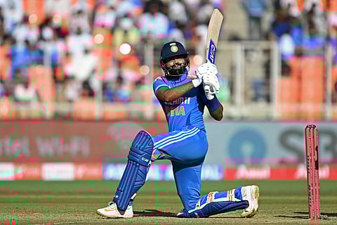 India's Shreyas Iyer watches the ball after playing a shot during the third one-day international (ODI) cricket match between India and England at the Narendra Modi Stadium in Ahmedabad on February 12.