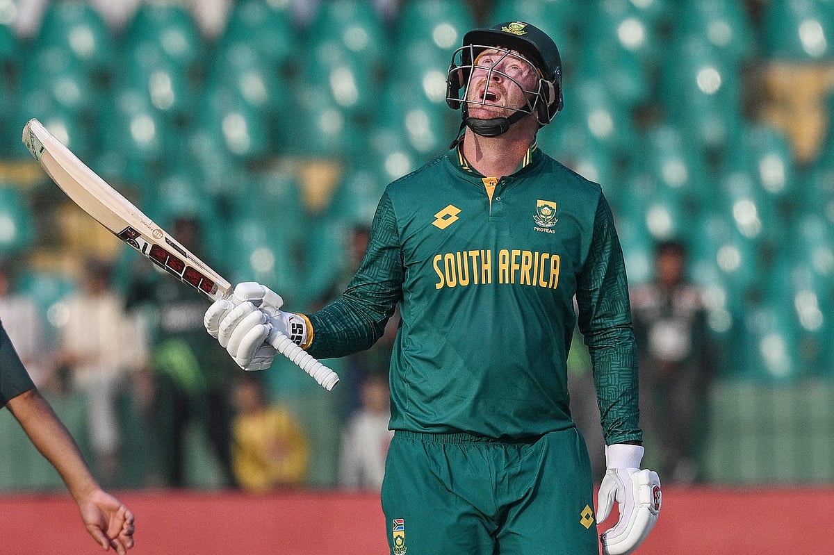 South Africa's Heinrich Klaasen celebrates after scoring a half-century (50 runs) during the Tri-Nation series against Pakistan in Karachi in February.