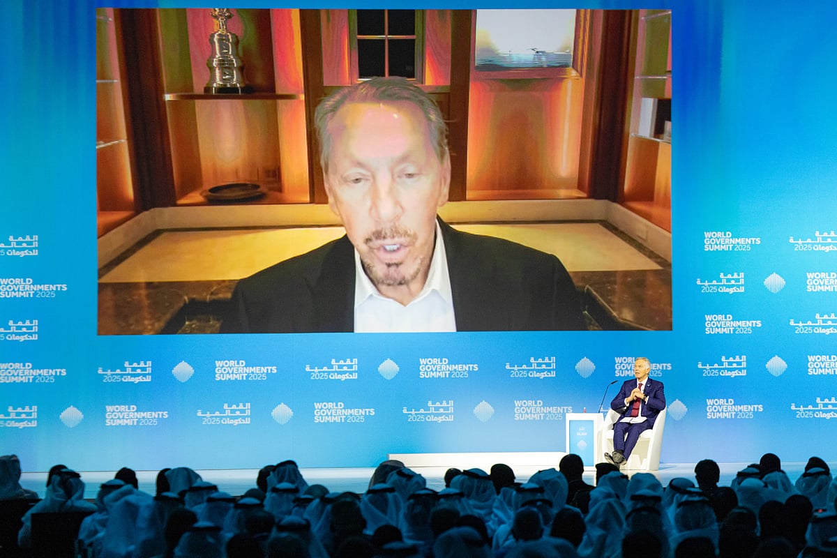 Tony Blair, 51st Prime Minister, United Kingdom, Founder and Executive during a session with Larry Ellison, Chief Technology Officer, Oracle on the second day of World Government Summit 2025. 