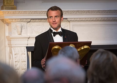 President Emmanuel Macron of France speaks during the State Dinner at The White House on April 24, 2018 in Washington, DC. 
