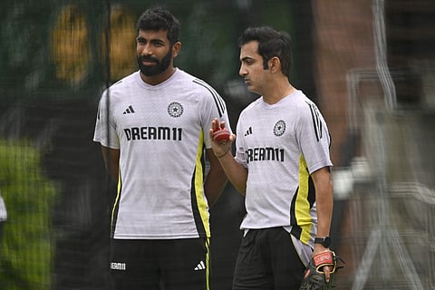 Indias head coach Gautam Gambhir (right) speaks with Jasprit Bumrah during a practice session in Sydney.