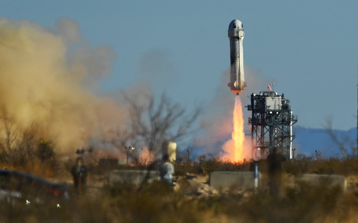 A Blue Origin New Shepard rocket launches from Launch Site One in West Texas north of Van Horn on March 31, 2022.