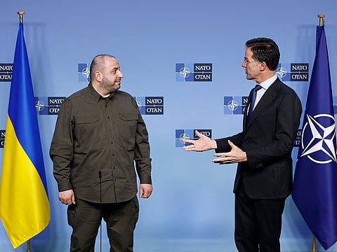 Ukraine's Defence Minister Rustem Umerov (L) addresses a statement with NATO Secretary General Mark Rutte after the meeting of The North Atlantic Treaty Organisation (NATO) Ministers of Defence at NATO Headquarters in Brussels, on February 13, 2025. 
