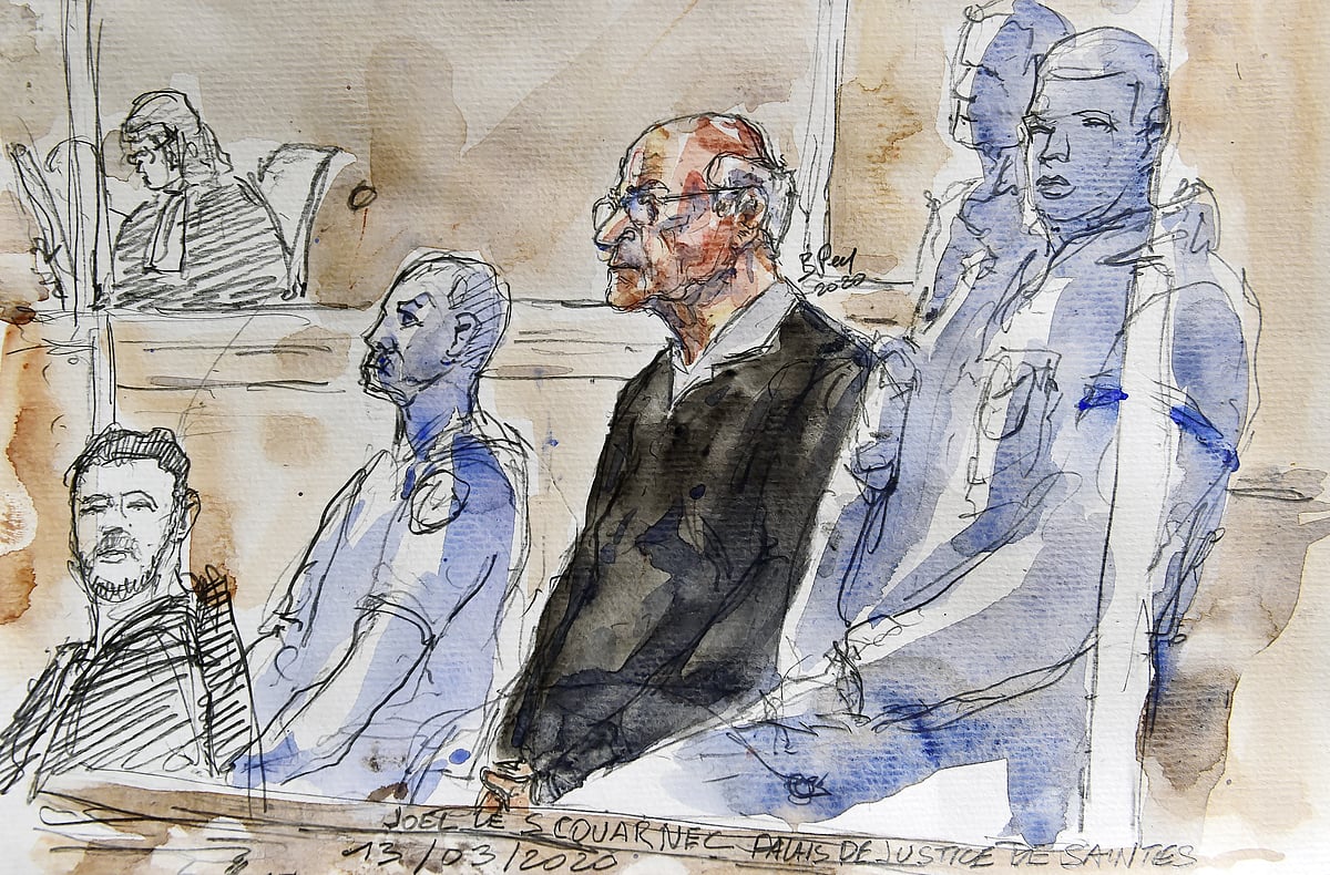 This court sketch released by the artist on March 13, 2020, shows French retired surgeon Joel Le Scouarnec attending his trial for the rape and sexual abuse of four children, at the courthouse in Saintes, western France.
