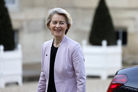 European Commission President Ursula von der Leyen arrives for an informal summit of European leaders to discuss the situation in Ukraine and European security at The Elysee Presidential Palace in Paris on February 17, 2025.