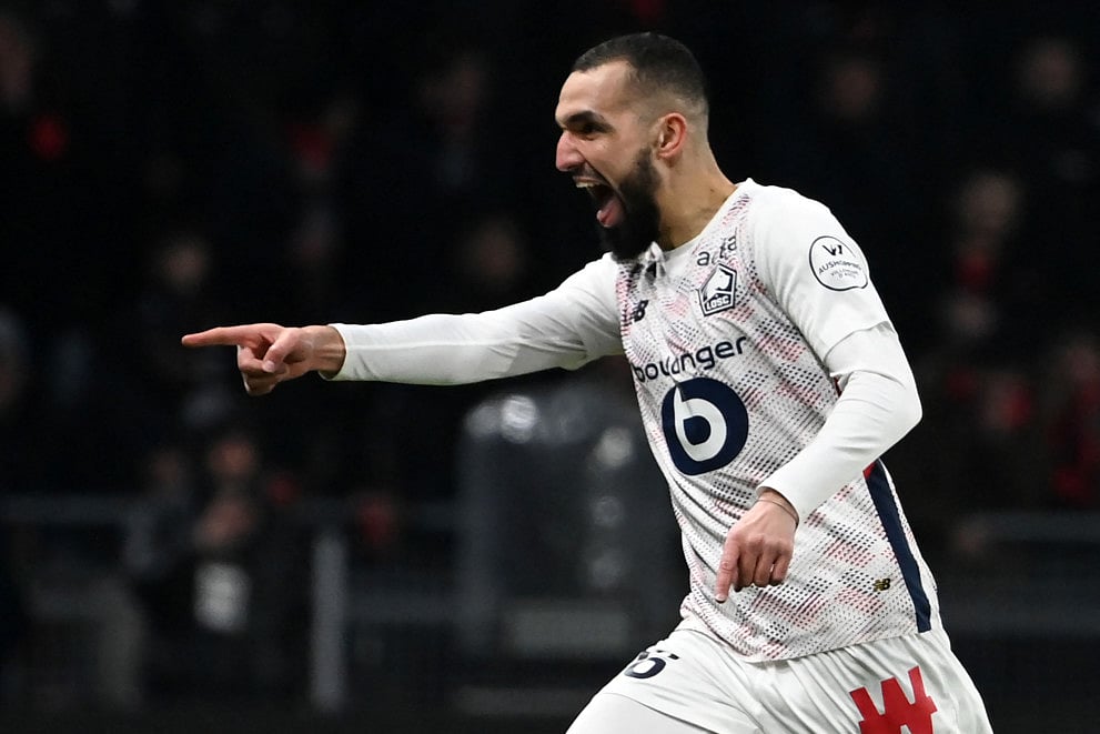 Lille's Algerian French midfielder Nabil Bentaleb celebrates scoring his team's first goal during the French L1 football match against Stade Rennais FC at the Roazhon Park stadium in Rennes, western France, on February 16.