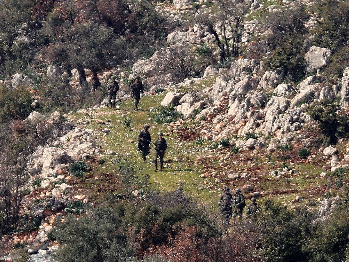 Israeli army forces patrol in the village of Kfarshuba in southern Lebanon on February 17, 2025.