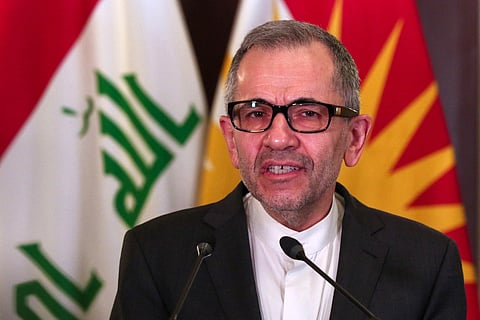 Majid Takht-Ravanchi, Iran's Deputy Foreign Minister for Political Affairs, speaks during a joint press conference with the President of Iraq's autonomous Kurdistan Region in the regional capital Arbil on February 17, 2025.