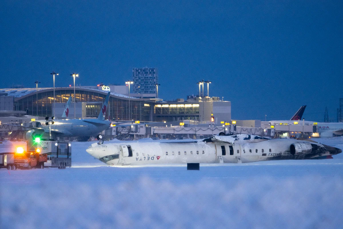 A Delta Air Lines plane that crashed and injured at least 18 passengers at Toronto Pearson International Airport, Canada, earlier this year.