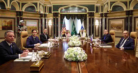 From left: US Middle East envoy Steve Witkoff, Secretary of State Marco Rubio, National Security Advisor Mike Waltz, Saudi Arabia's Foreign Minister Prince Faisal bin Farhan Al Saud, National Security Advisor Mosaad bin Mohammad Al Aiban, the Russian president's foreign policy advisor Yuri Ushakov, and Russia's Foreign Minister Sergei Lavrov attend a meeting together at Riyadh's Diriyah Palace on February 18, 2025. 